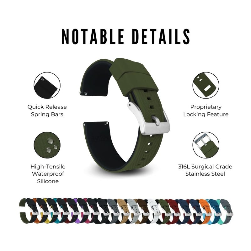 Barton Watch Bands Barton Elite Silicone Watch Band (22mm) | Quick Release Premium Silicone Strap with Stainless Steel Buckle | Compatible with Classic & Smart Watches | Comfortable, Durable, Stylish, Waterproof - Army Green & Black - Image 4
